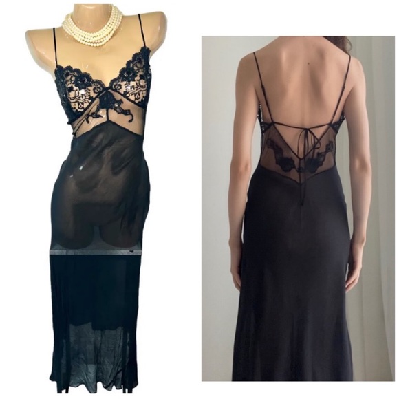 Vintage 90s Y2K 100% Silk Slip Dress Black Lace Silk Dress Black Maxi Dress